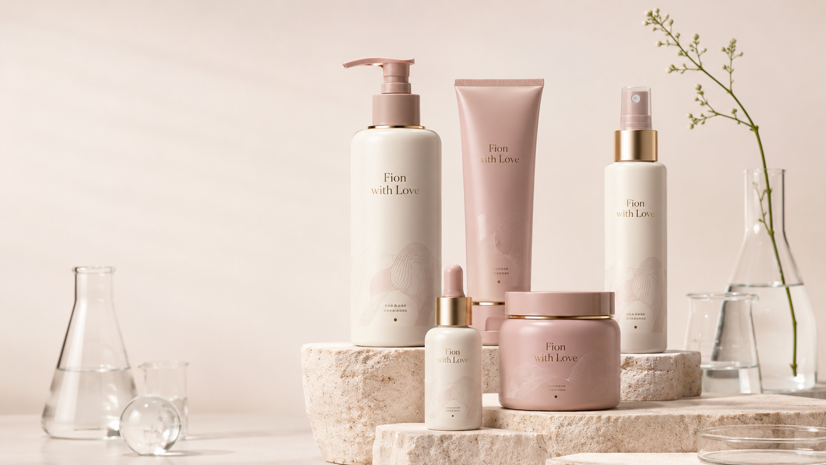 Conceptual Fion with Love hair care collection in ivory and blush packaging